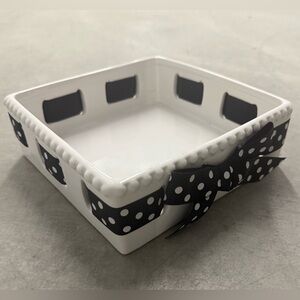 MSC White Porcelain Square Bowl w/ Black & White Ribbon Trim 7-1/2” W x 2-/2” H